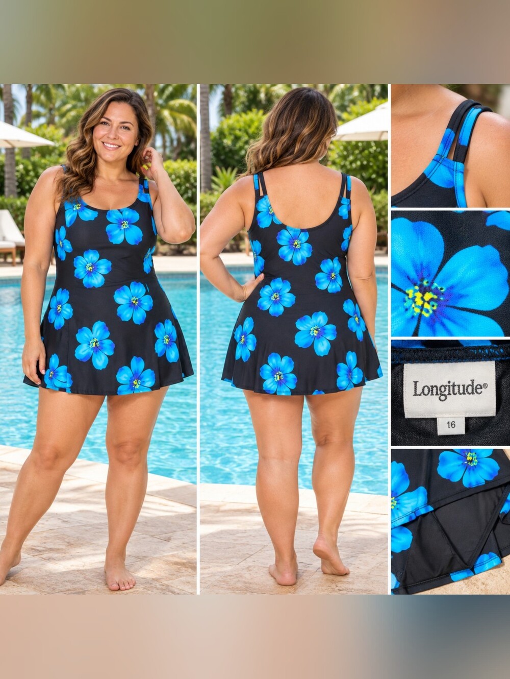 Longitude Swim Dress Womens 16 Long Torso Blue Floral Tummy Control Swimsuit
